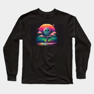 A Full Skull Moon Smiles Down On You - Psychedelic Landscape - Paint Dripping 3D Illustration - Colorful Haunted Nature Scene Long Sleeve T-Shirt